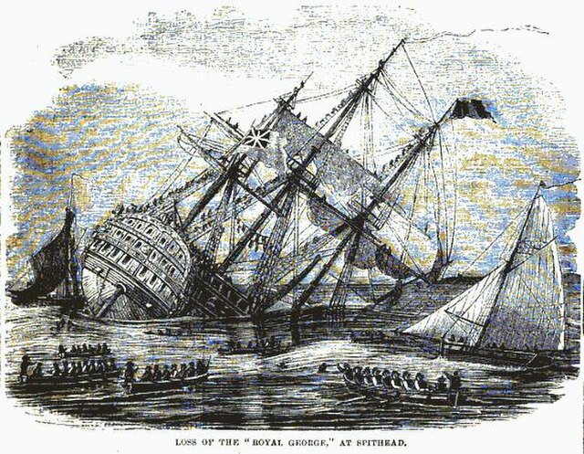 The first-rate Royal George sank at anchor in 1781 after she was flooded through her lower gunports.