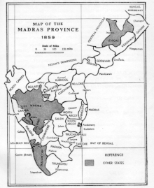 Madras Presidency in 1859; North Canara (Uttara Kannada) was transferred to the Bombay Presidency in 1862. Madras Prov 1859.gif