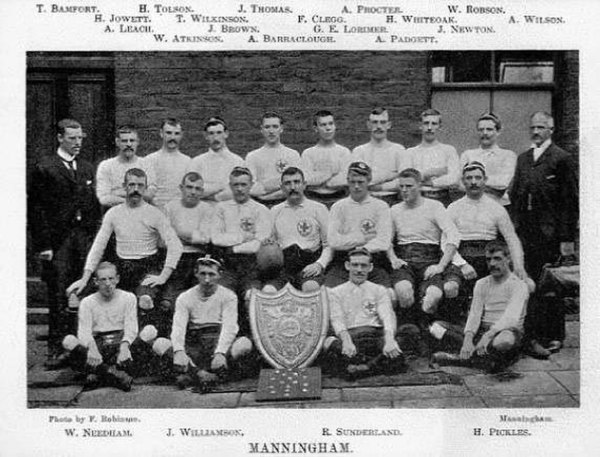 The Manningham F.C. team that won the 1895–96 championship, posing with the shield awarded. The club was the first rugby league champion of the Northe