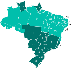 Map of Brazil displaying its first-level administrative divisions (Federative units) according to the category of their Human Development Index.