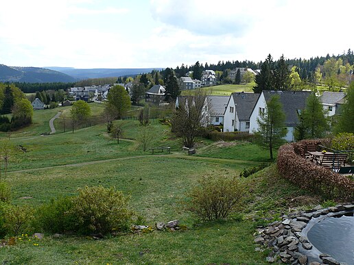 Touristenort Masserberg, mit Neubausiedlung (Vordergrund). Vorderer Längs-Wanderweg ist ein unbekiester Wiesenweg