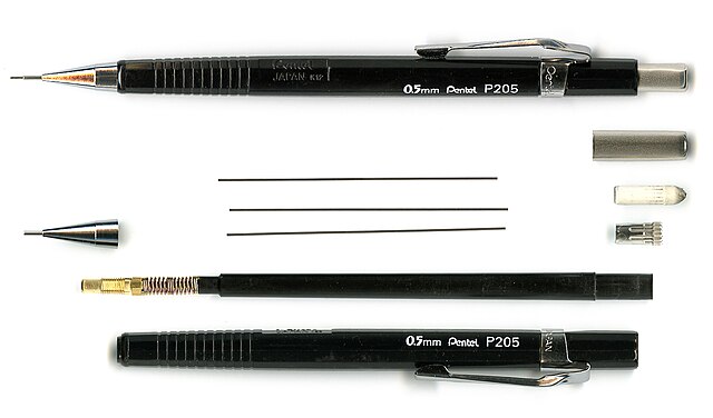 A Pentel Sharp ratchet drafting pencil disassembled, showing three 0.5 mm graphite leads.