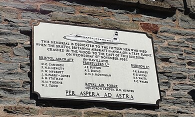 Memorial plaque on Downend Folk House Memorial plaque, Downend Britannia air crash, Bristol, UK.jpg