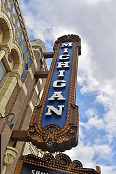 Michigan Theater is the current home of the annual Ann Arbor Film Festival, the Ann Arbor Symphony, and the Ann Arbor Concert Band Michigan Theatre Sign (36225076113).jpg