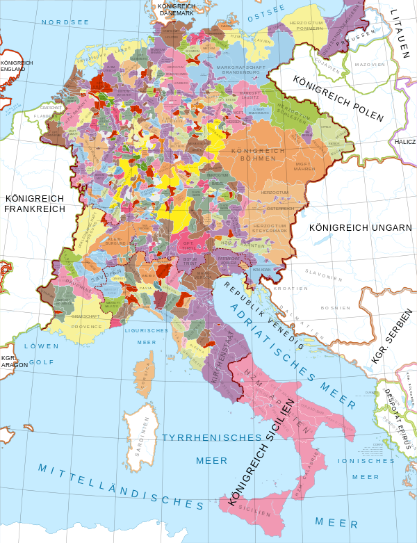 The Hohenstaufen-ruled Holy Roman Empire and Kingdom of Sicily. Imperial and directly held Hohenstaufen lands in the Empire are shown in bright yellow.