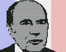 Pixel art en couleurs du visage de François Mitterrand sur fond bleu-blanc-rouge.