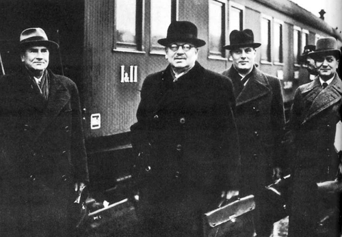 After the Second World War, J. K Paasikivi (in the middle), the 7th President of Finland, was remembered as a main architect of Finland's foreign policy, especially with the Soviet Union.[6]