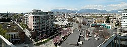 Vancouver seen from Mount Pleasant, looking north across Kingsway just before its intersection with Broadway and Main Street. Vancouver City Hall and Vancouver General Hospital are visible to the far left, Downtown Vancouver to the centre, and North Vancouver to the far right. Mtpleasant-pano.jpg