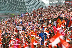 A mass event where people are waving the flag at a stadium