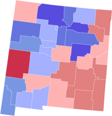 Party registration by county (February 2021):
Democrat >= 40%
Democrat >= 50%
Democrat >= 60%
Democrat >= 70%
Republican >= 40%
Republican >= 50%
Republican >= 60% New Mexico voter registration by party as of February 2021.png