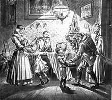Saint Nicholas and Krampus visit a Viennese home (1896 illustration). Nikolaus krampus.jpg