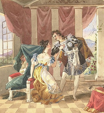 Act 1: Cherubino hides behind Susanna's chair as the Count arrives.