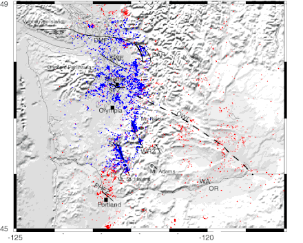 Concentration of mid-crustal (10-20 km deep) seismicity in the Puget Lowland. (Fig. 48 from USGS OFR 99-311) OFR 99-311 fig48.gif