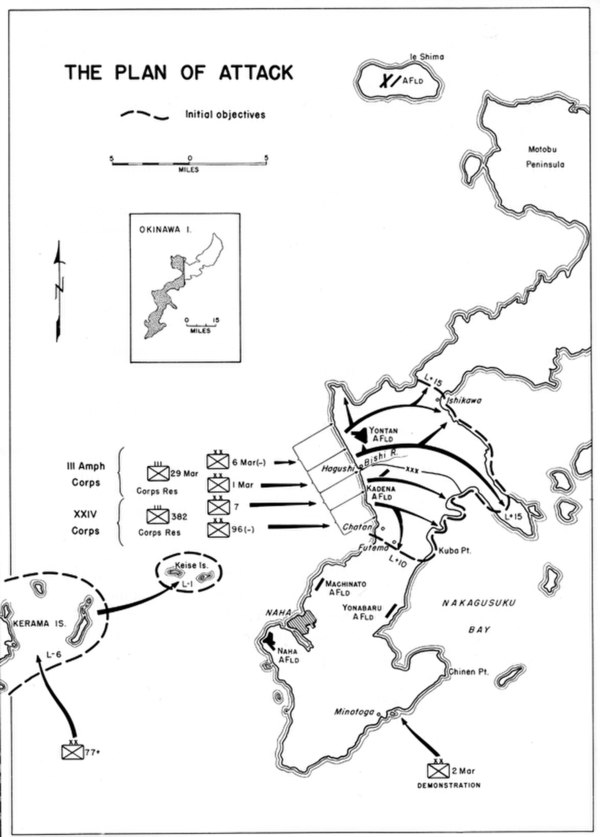 Initial plan of the assault showing the 6th Marine Division's role