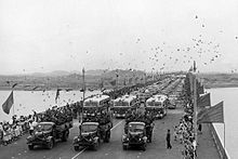 Parade of traffic at the opening of the Wuhan Yangtze River Bridge on October 15, 1957.