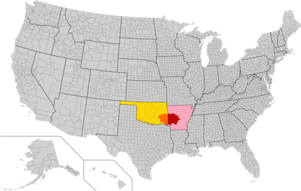 A map of the Ouachita mountains within the states of Arkansas and Oklahoma.