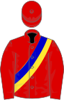 RED, blue and yellow sash, red cap