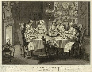 The Passover Seder of the Portuguese Jews (illustration circa 1733-1739 by Bernard Picart) Picart Passover Portuguese Jews.jpg