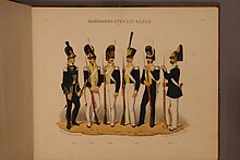 Uniforms of Svea Life Guards 1803-1845, lithography by Adolf Ulrik Schutzercrantz Plansch med uniform for Svea livgarde for aren 1803-1845.jpg