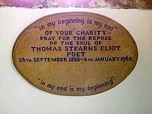 Memorial plaque in St Michael and All Angels' Church, East Coker Plaque, The Church of St Michael's and All Angels - geograph.org.uk - 2742651.jpg