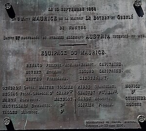 Plaque commémorative du sauvetage des naufragers du navire à passagers Austria le 15 septembre 1858.