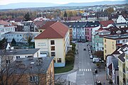 Čeština: Pohled západním směrem na České Budějovice z bývalé kavárny Perla. English: View to the west from the former Perla cafe. České Budějovice, South Bohemian Region, Czechia.