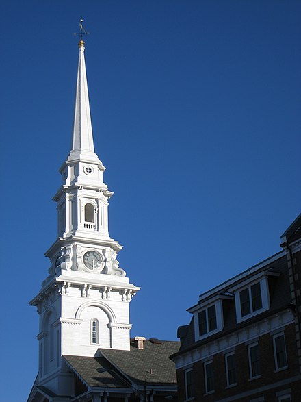 The steeple of North Church, a historic Congregational church in Portsmouth, New Hampshire