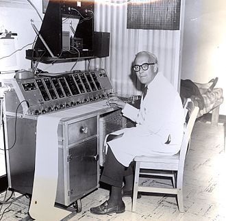 Professor Leonide Goldstein before his EEG recording Grass polygraph with the two Drohocki integrators above, located in Princeton's Neuropharmacology Dept., New Jersey Neuropsychiatric Institute (NJNPI) in 1965. Pr Leonide Goldstein.jpg