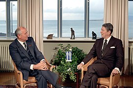 President Reagan meeting with Soviet General Secretary Gorbachev at Hofdi House during the Reykjavik Summit Iceland.jpg