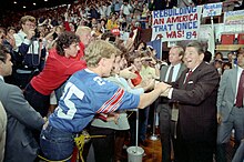 President Reagan campaigning at Anderson Arena in 1984 President Ronald Reagan shaking hands with unidentified members of the crowd while at Bowling Green University in Ohio.jpg