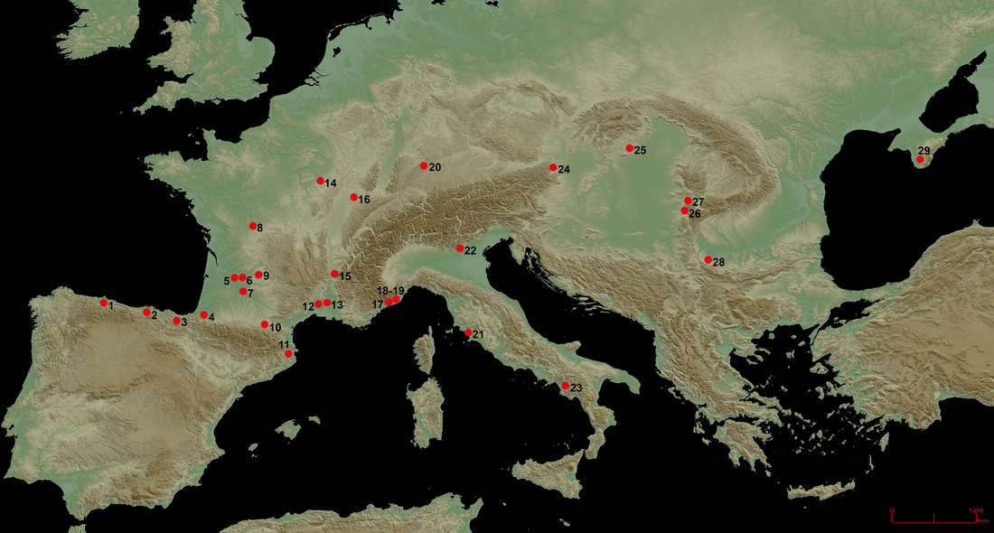 Carte montrant les principaux sites avec des niveaux protoaurignaciens ou des sites proches du protoaurignacien[6].