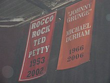 Hardcore Hall of Fame banners paying tribute to Rocco Rock and Johnny Grunge on April 23, 2010 Public Enemy Hardcore Hall of Fame.jpg