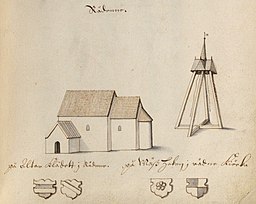 Rådene kyrka på teckning omkring 1670. [1]