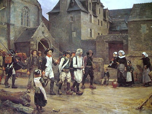 Soldiers of the Garde nationale of Quimper escorting royalist rebels in Brittany (1792). Painting by Jules Girardet.