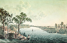 Homes on narrow river lots along the Red River in 1822 by Peter Rindisbacher with Fort Douglas in the background Red River summer view 1822.jpg