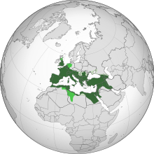 (Dark Green) Roman Empire in 117 AD. (Pale Green) Client states under the Roman Empire in 117 AD. Roman Empire (orthographic projection).svg