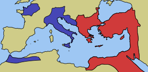 The Western and Eastern Roman Empires by 476. Roman Empires 476AD.svg