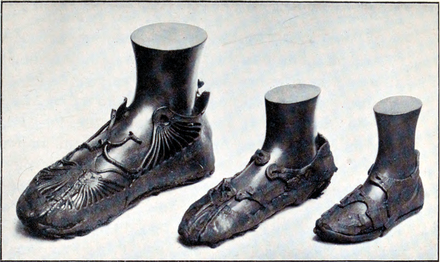 Roman shoes: a man's,[2] a woman's[3] and a child's[4] shoe from Bar Hill Roman Fort, Scotland.
