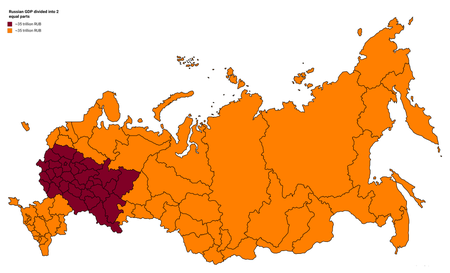 Russian GDP divided into 2 equal parts. 50% of Russian economy is concentrated in only 10% of Russian area or only 2 federal districts (which together contain nearly half of Russia's population). Russian GDP divided into 2 equal parts.png