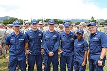 Coast Guardsmen in 2013 wearing ODUs SN Cody Reed and USCG members at Air Station Barbers Point, 2013.jpg