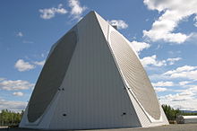 The 11-story tall SSPARS in its protective dome at Clear Air Force Station is operated by the 213th Space Warning Squadron. SSPARS radar, Clear AFB.JPG