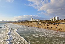 Santa Monica State Beach - in 2013 the city adopted a "Sustainability Rights Ordinance", recognizing the "fundamental and inalienable rights" of "natural communities and ecosystems" Santa monica state beach.jpg
