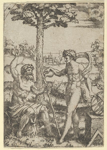 File:Seated old shepard gesturing towards the sky and speaking to nude male surrounded by tools of measurement MET DP855133.jpg