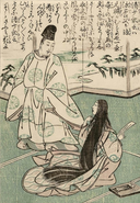 Painting of a standing man and a seated woman looking at each other