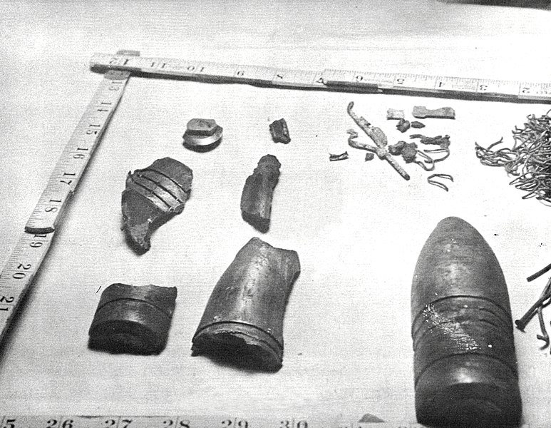 File:Shrapnel from rounds fired by Japanese picket boats aboard USS Pasadena (CL-65), in July-August 1945.jpg