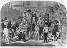 Eyre Crowe, "Slave sale, Charleston, S.C.," published in The Illustrated London News, Nov. 29, 1856: The flag tied to a post beside the steps reads "Auction This Day by Alonzo J. White"; in 1856, Alonzo J. White, along with fellow slave traders Louis D. DeSaussure and Ziba B. Oakes, opposed a new South Carolina law requiring that slave sales take place indoors rather than on the streets. Their argument was that the law was "an impolitic admission that would give 'strength to the opponents of slavery' and 'create among some portions of the community a doubt as to the moral right of slavery itself.'" Slave sale, Charleston, S.C. LCCN2006687271.jpg