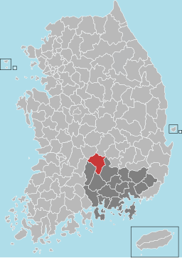 Geochang-guns läge i Södra Gyeongsang och Sydkorea.