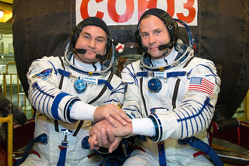 File:Soyuz MS-10 crew members in front of their spacecraft.jpg