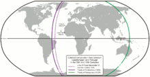 The 1494 Tordesillas Treaty meridian dividing the world between Portugal and Castille/Spain (purple) and the Moluccas antimeridian (green), set at the Treaty of Zaragoza, 1529 Spain and Portugal.png