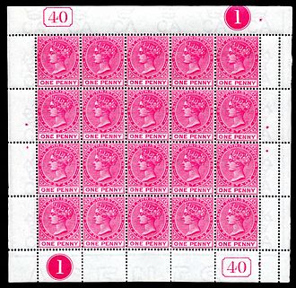 An 1884 sheet of stamps from St. Christopher. St. Christopher 1884 1 penny stamp sheet.jpg